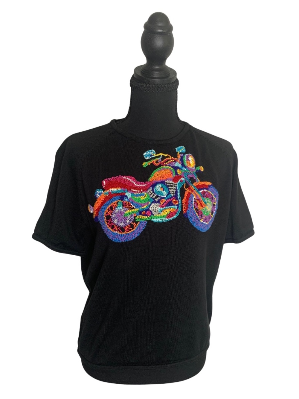 Y2K Michael Simon Spun Silk Black Short Sleeve Tee Beaded Motorcycle L Vintage